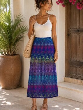 Mimi Chica Boho Sheer Midi Skirt Abstract Print Resort Vacation Size‎ S